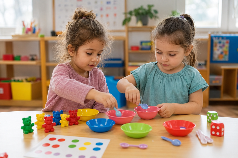 שתי בנות בגיל הרך משחקות בגן עם צלחות וכפיות
