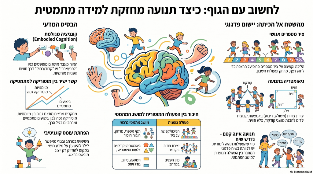 אינפוגרפיקה המסכמת את הטקסט: לחשוב עם הגוף כיצד תנועה מחזקת למידה מתמטית