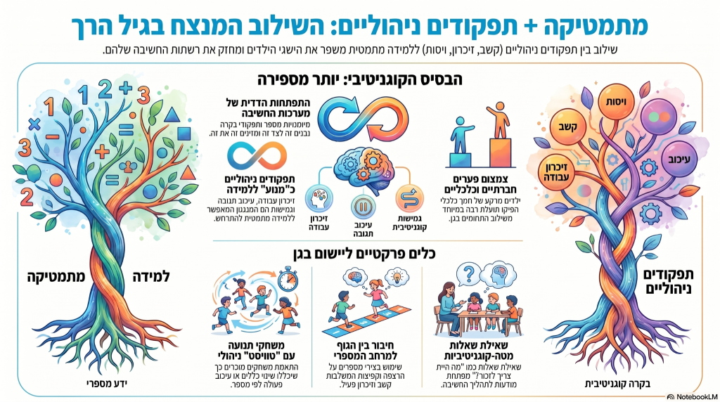 אינפוגרפיקה המסגמת את הכתבה מתמטיקה + תפקודים ניהוליים השילוב המנצח בגיל הרך